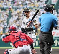 １回、見逃し三振に倒れる佐藤輝（撮影・田中太一）