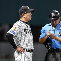９回、選手交代を告げる平田２軍監督（撮影・山口登）