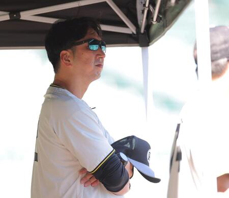 試合前練習を見る藤川監督（撮影・西田忠信）