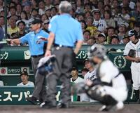 ５回、松下の生還が池山監督のリクエストでセーフに覆り、ベンチからグランドを見つめる藤川監督（撮影・田中太一）