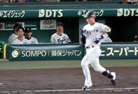８回、木浪が空振り三振に倒れ、ベンチで厳しい表情を見せる藤川監督（中央）＝撮影・山口登