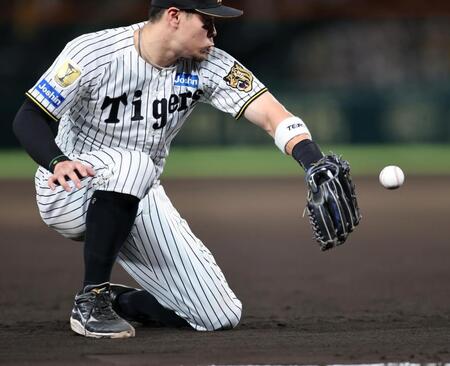 ８回、佐藤輝は塩見の打球をファンブルする（撮影・山口登）
