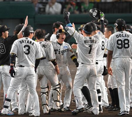 劇的な勝利に歓喜する近本（中央）ら阪神ナイン＝甲子園（撮影・飯室逸平）