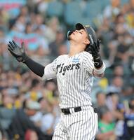 ２回、先制ソロを放ち天を仰ぐ佐藤輝（撮影・西田忠信）