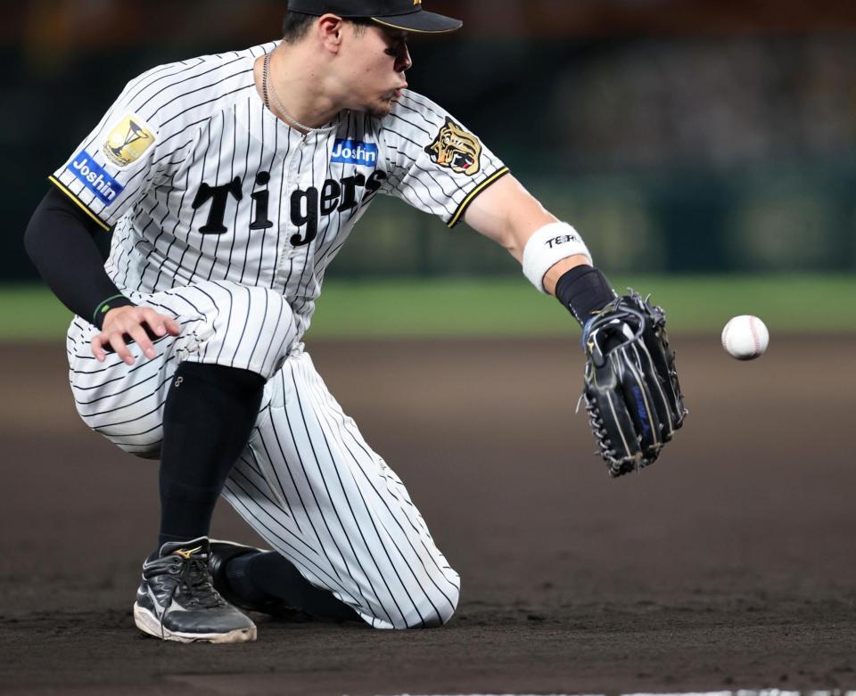 ８回、佐藤輝は塩見の打球をファンブルする（撮影・山口登）