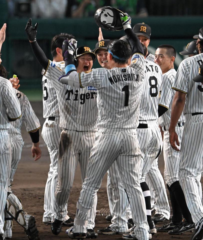 サヨナラでの勝利に歓喜する近本ら阪神ナイン（撮影・飯室逸平）