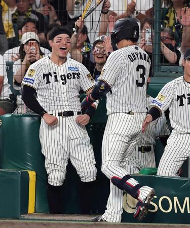 ７回、佐藤輝（左）はソロを放った大山を迎える（撮影・山口登）