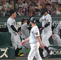７回、大山を迎える佐藤輝（撮影・飯室逸平）