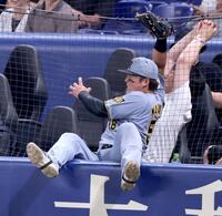 ８回、尾田の打球を追って防球ネットに飛び込む前川（撮影・立川洋一郎）
