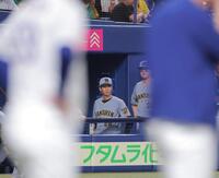 敗戦後、整列に向かう中日ナインを見つめる今朝丸（撮影・西田忠信）