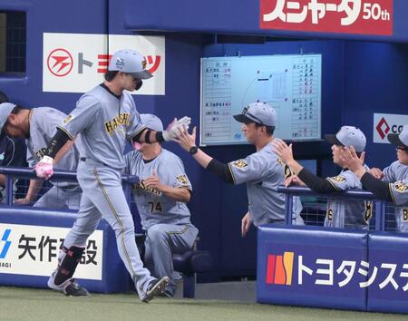 ８回、ソロを放った代打・浜田（手前）とタッチを交わす藤川監督（撮影・立川洋一郎）