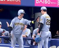 １回、森下の先制適時二塁打で生還し今朝丸（右）とタッチを交わす近本（左端）＝撮影・立川洋一郎