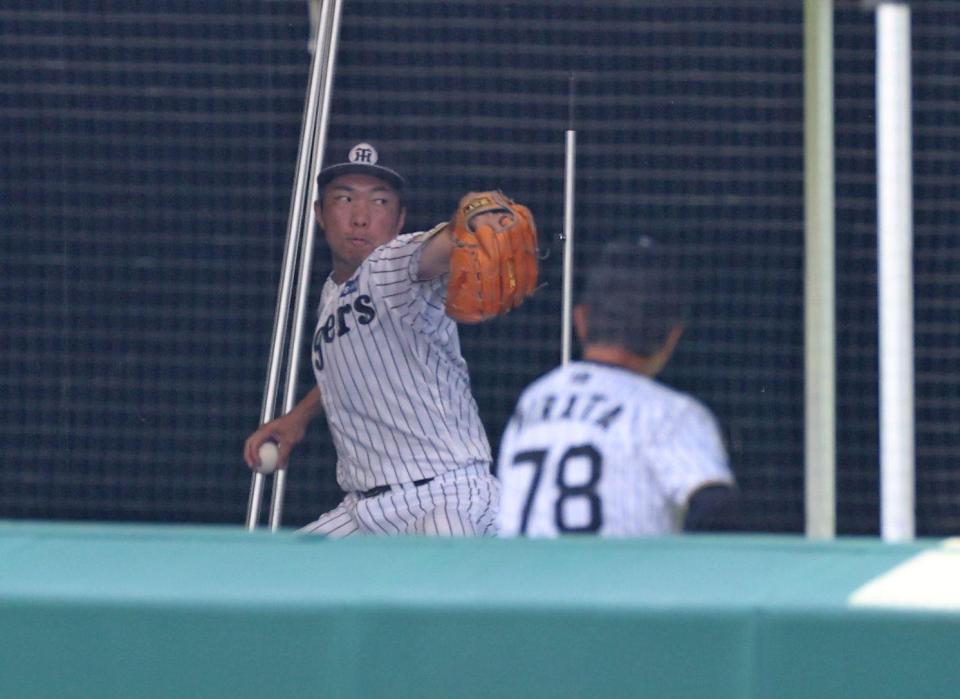 平田２軍監督（７８）が見守る中、ブルペンで投球練習をする石井（撮影・中田匡峻）