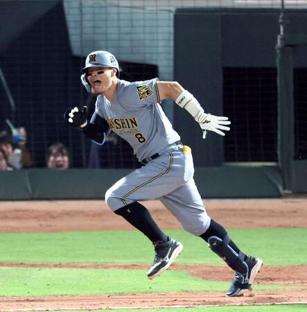 　８回、勝ち越し２点二塁打を放ち、雄たけびをあげる佐藤輝（撮影・山口登）