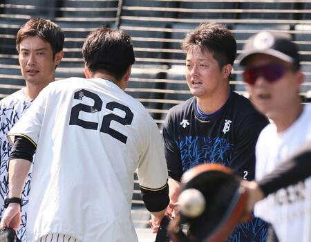 オールスターに出場する牧は藤川監督にあいさつする（撮影・田中太一）