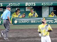 ９回、高寺が左飛に倒れて試合終了。ベンチから腰を上げる藤川監督（中央）＝撮影・立川洋一郎