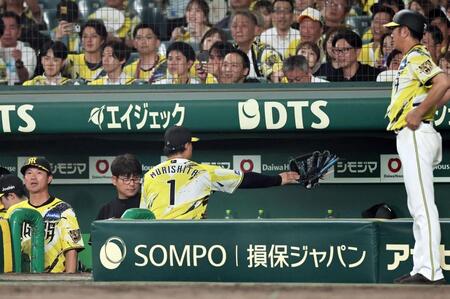 ８回、守備から戻った森下はグラブを投げつける（撮影・田中太一）