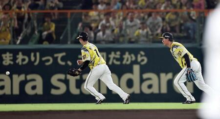８回、松尾の打球をお見合いし二塁打にする森下と中野（撮影・田中太一）
