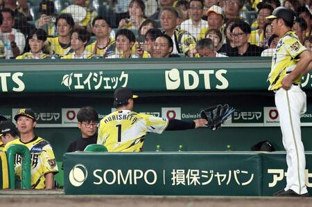 　８回、守備から戻った森下はグラブを投げつける（撮影・田中太一）