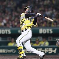 　８回、勝ち越し犠飛を放つ森下（撮影・田中太一）
