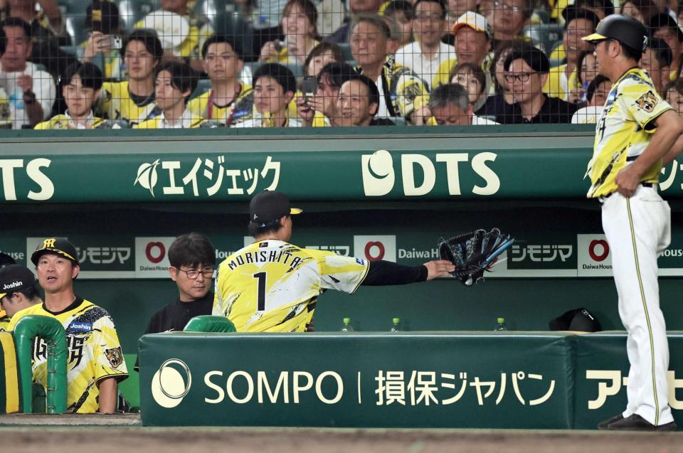 　８回、守備から戻った森下はグラブを投げつける（撮影・田中太一）