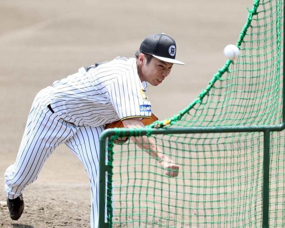 ライブＢＰで力強く投げ込む石井（撮影・田中太一）