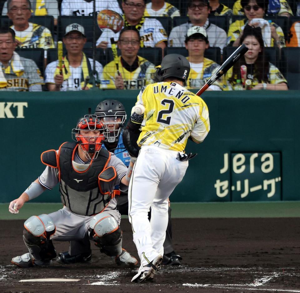 ２回、死球を受ける梅野（撮影・山口登）