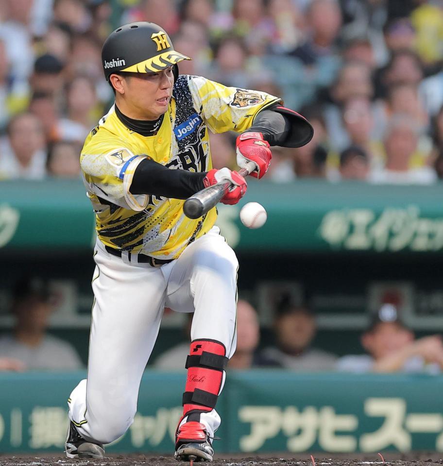 ２回、バントを決める才木（撮影・西田忠信）