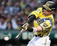 ３回、右前へ安打を放つ佐藤輝（撮影・田中太一）