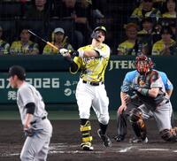 ８回、空振り三振に倒れる佐藤輝（投手・赤星、捕手・小林）＝撮影・山口登
