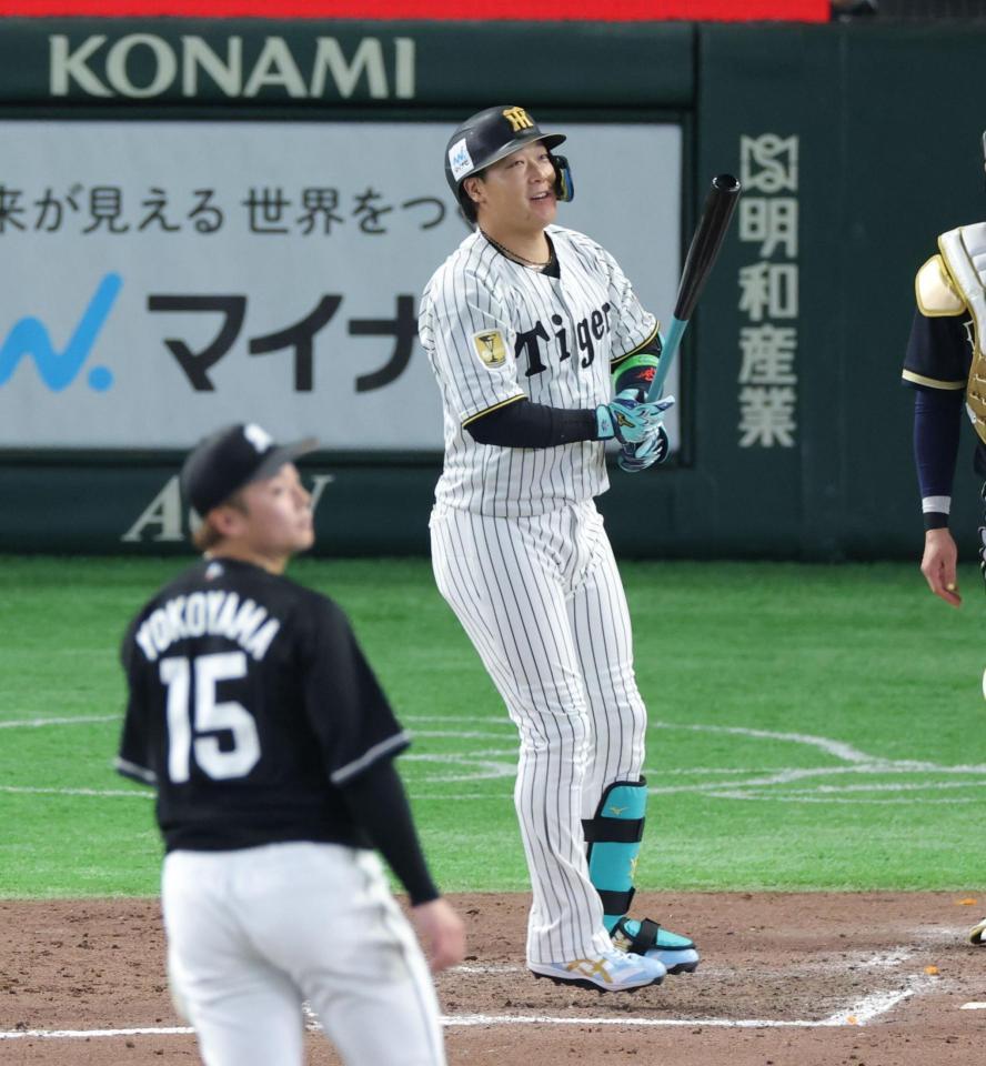 ８回、２ランを放ち、打球を見つめる大山（撮影・西岡正）