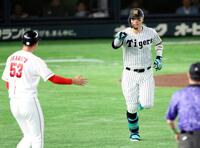 　１回、先制ソロを放ち、一塁コーチの岡本を指さす佐藤輝（撮影・金田祐二）