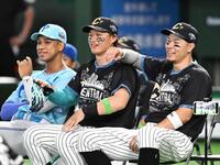 　ホームラン競争を見つめる（左から）万波、森下、佐藤輝（撮影・堀内翔）