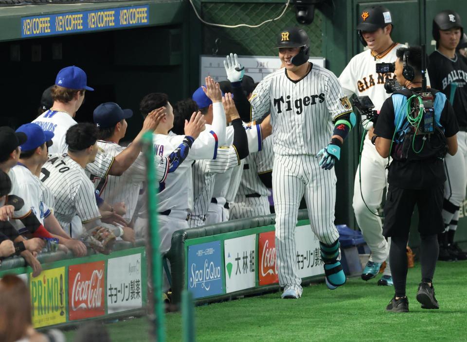 ８回、２ランを放ちナインに迎えられる大山（撮影・金田祐二）