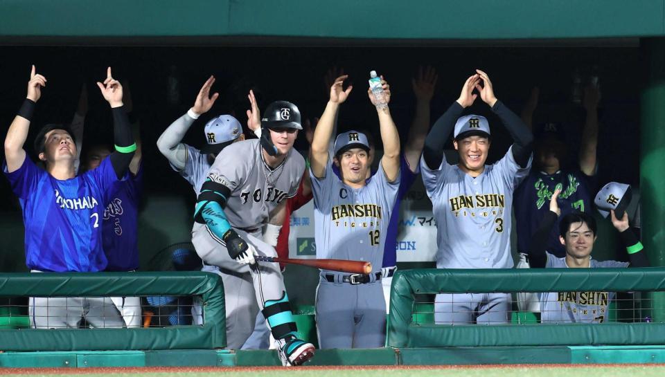 　９回、坂本勇の左前打に沸く（右から）中野、大山、坂本ら全セナイン（撮影・伊藤笙子）