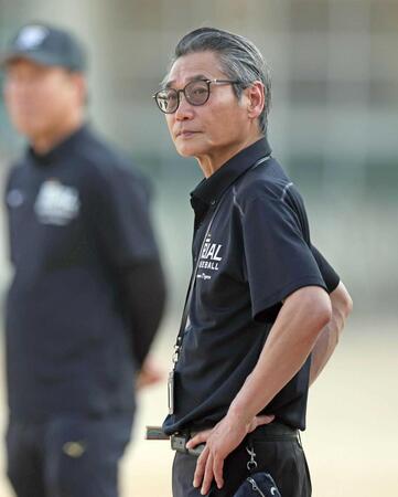 　練習を見つめる嶌村球団本部長兼野球振興室長（撮影・中田匡峻）