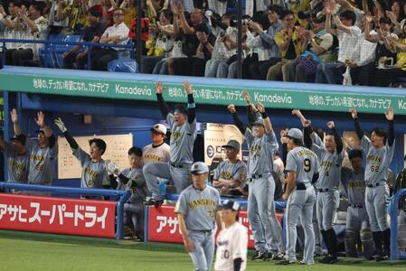 ７回、大山の逆転２点適時打で盛り上がる森下ら阪神ナイン（撮影・金田祐二）