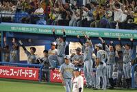 ７回、大山の逆転２点適時打で盛り上がる森下ら阪神ナイン（撮影・金田祐二）