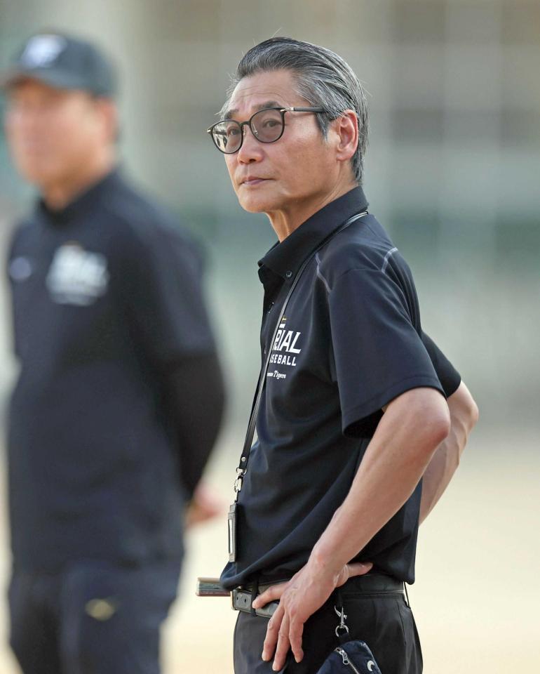 　練習を見つめる嶌村球団本部長兼野球振興室長（撮影・中田匡峻）