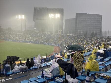 ゲリラ豪雨で中断の神宮球場
