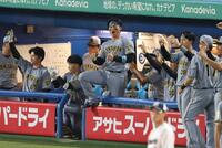 ３１日のヤクルト戦の７回、大山の逆転打に沸く阪神ベンチ＝神宮（撮影・金田祐二）
