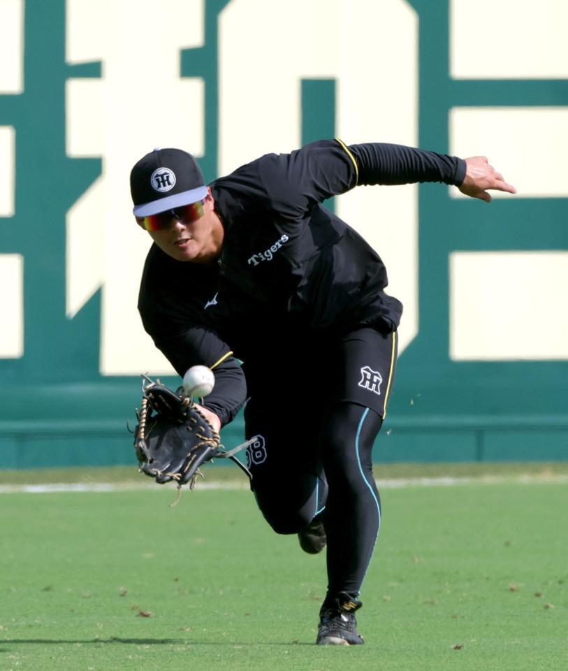 左翼の守備に就き打球を追う前川（撮影・立川洋一郎）