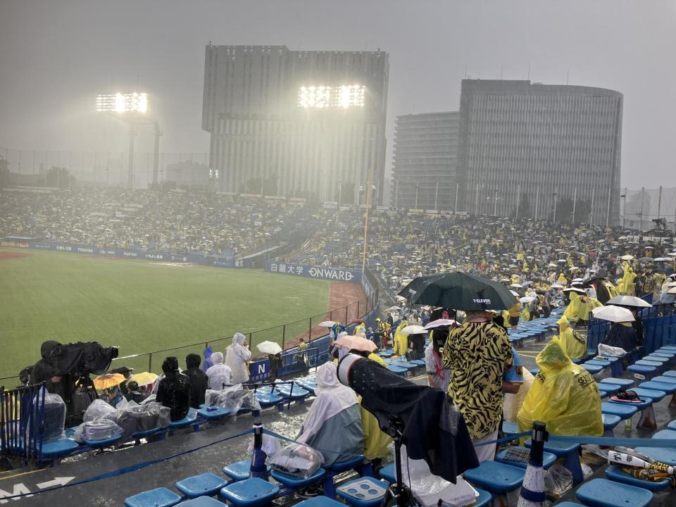 ゲリラ豪雨で中断の神宮球場