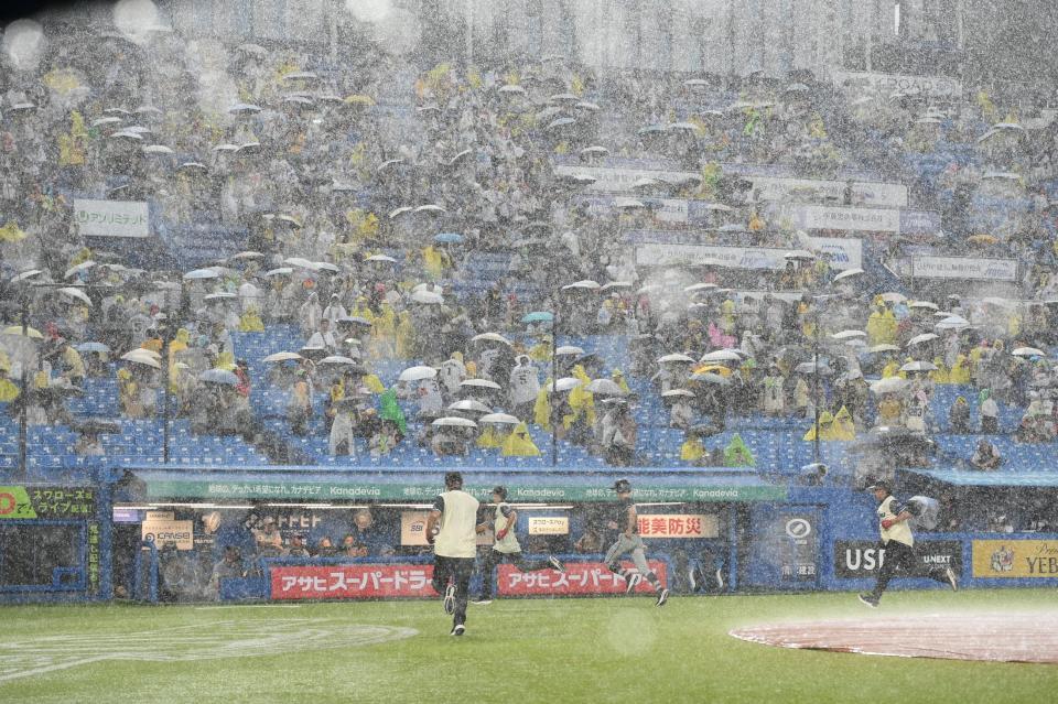 １回、降雨中断する神宮球場（撮影・堀内翔）