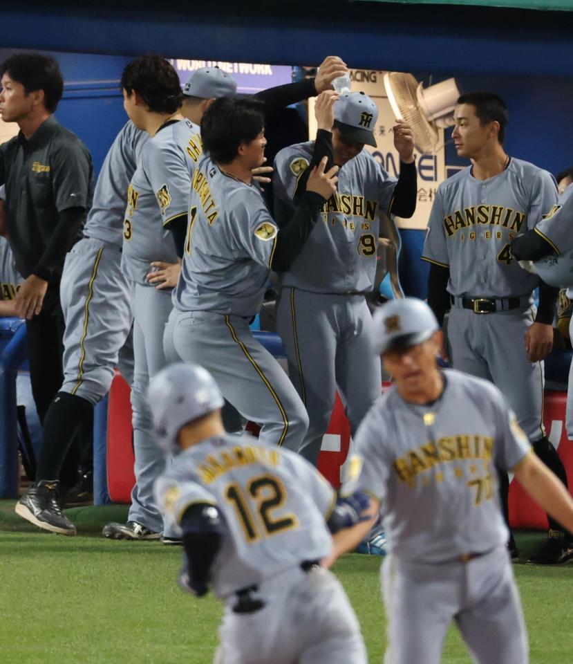 ９回、坂本の勝ち越しソロで盛り上がる森下、下村ら阪神ベンチ（撮影・金田祐二）