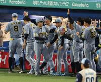 ９回、勝ち越しソロを放ちナインに迎えられる坂本（撮影・金田祐二）