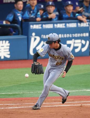 ２回、関根の一ゴロでベースカバーに入るも捕球ミスの高橋（撮影・金田祐二）