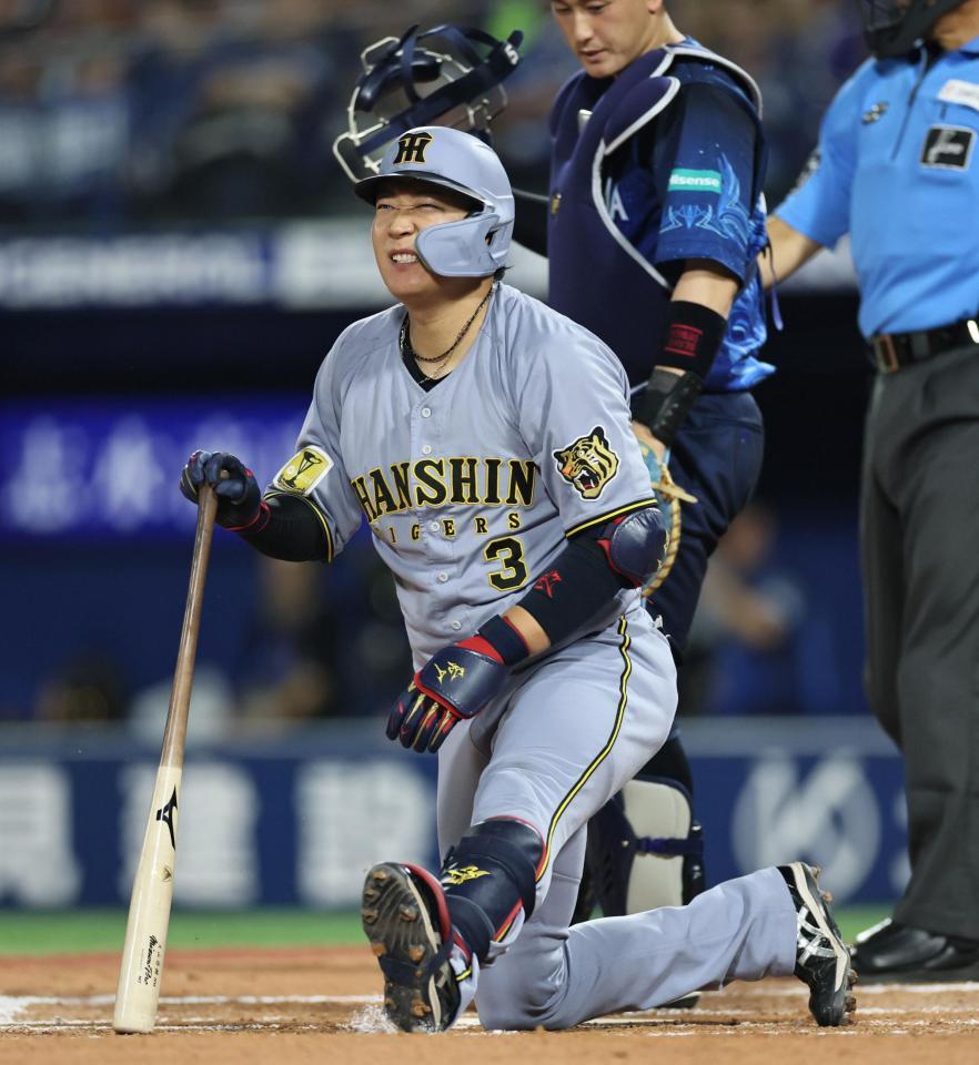 ７回、自打球を足に当て、痛がる大山（撮影・田中太一）