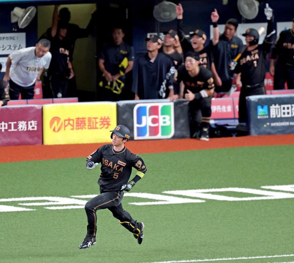 ６回、右翼スタンドへ先制ソロを放って駆ける近本（撮影・立川洋一郎）