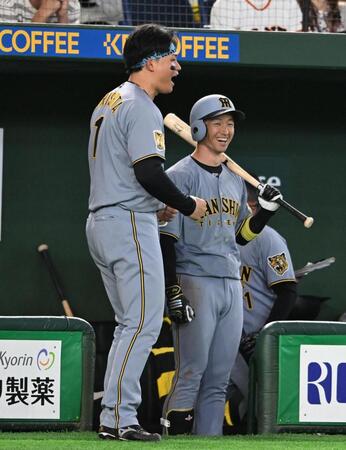 ６回、元山が２点適時三塁打を放ちベンチ前で喜ぶ森下（左）と近本（撮影・堀内翔）